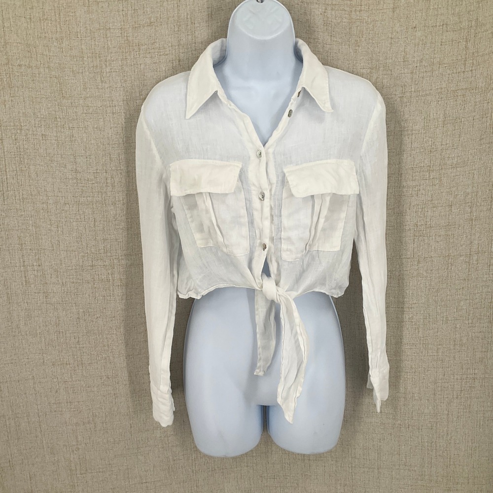 Zara Cropped Tie Front Shirt Womens S White Linen Blend Long Sleeve Boho Top
